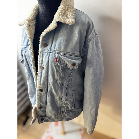 Unisex Fall Levi Strauss Denim Sherpa Lined Trucker Jacket Blue Cozy Winter - Picture 3 of 11